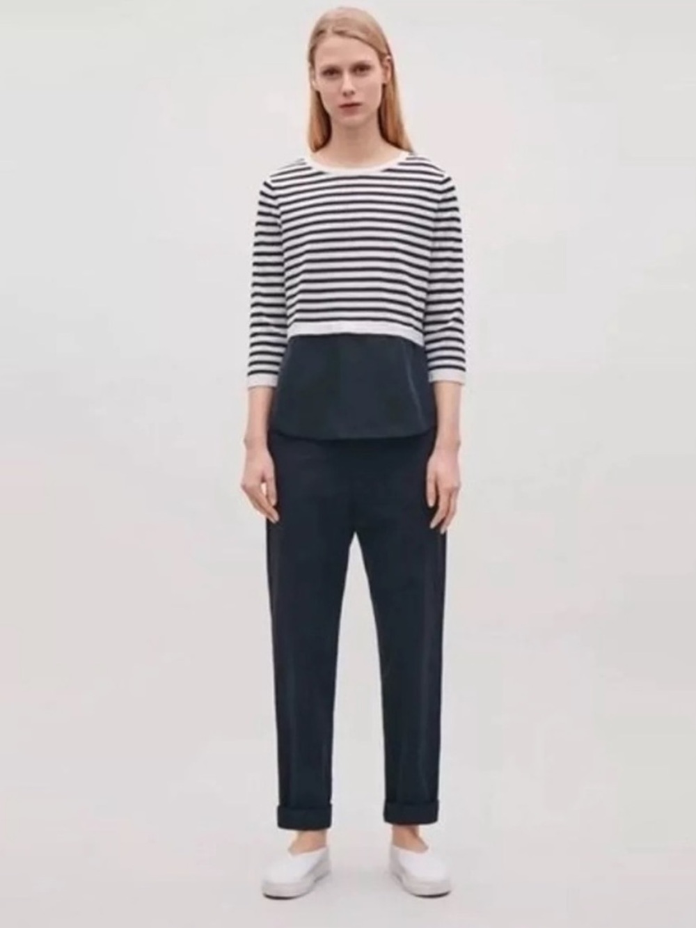 Cos stripe rib knit 3/4 sleeve top with silk panel S